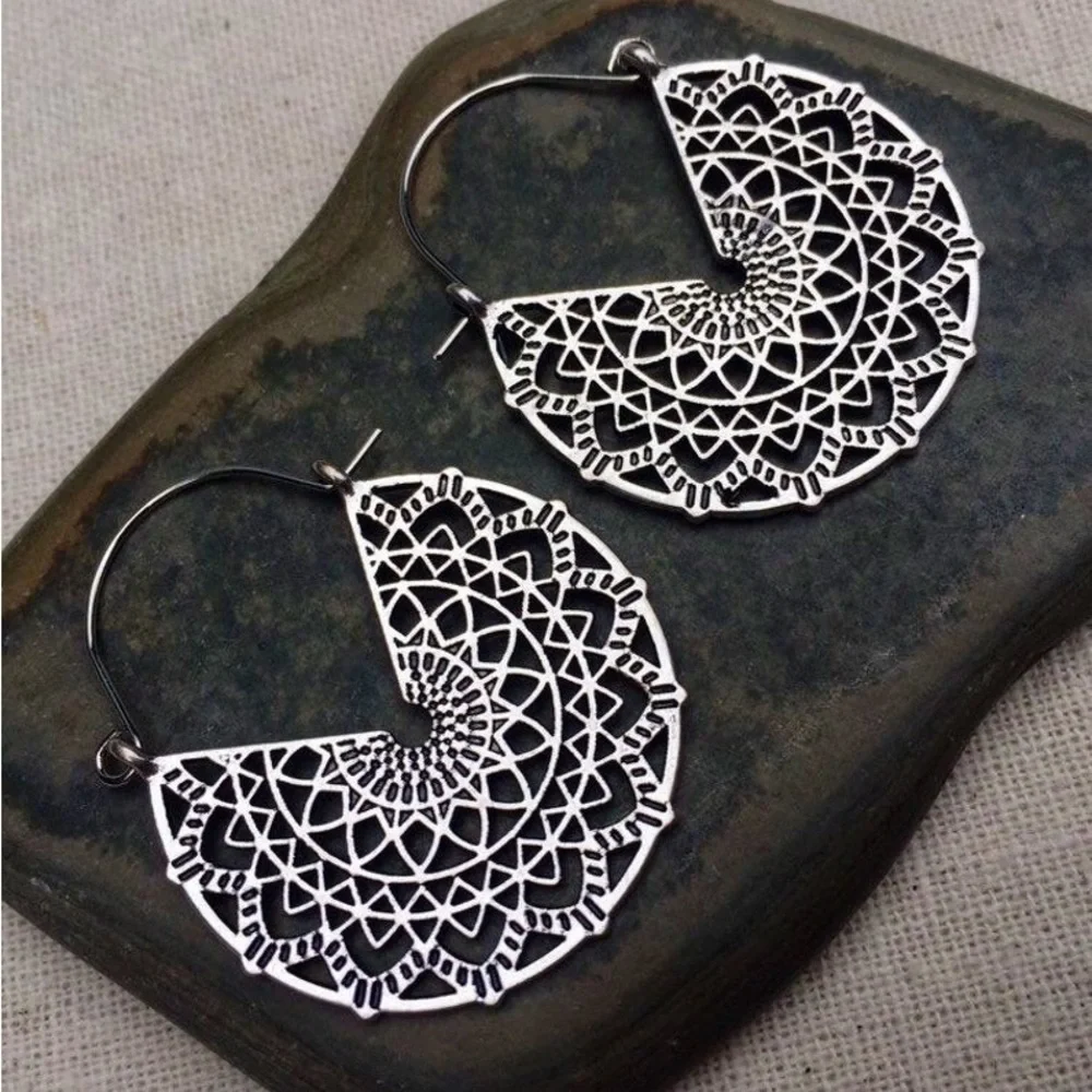 New Bohemian Mandala Minimalist Cut Out Hypoallergenic Silver Hoop Earrings